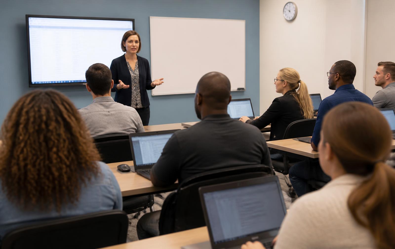 Adults in a workforce development classroom with an instructor