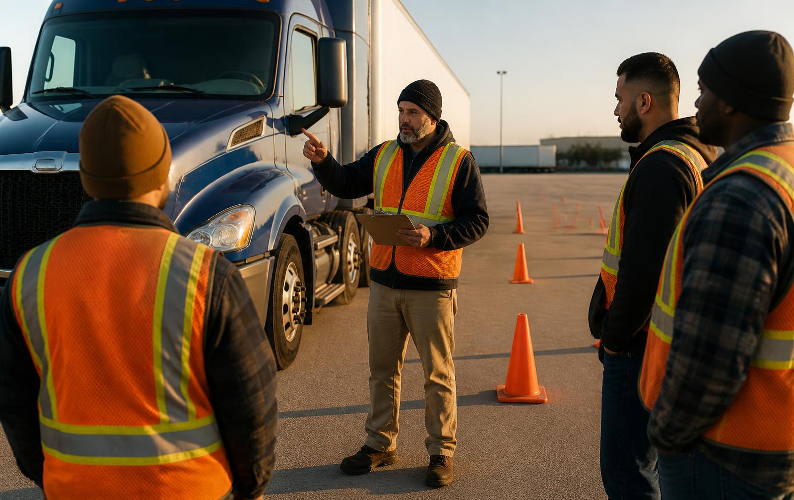 CDL instructor training students in a truck yard